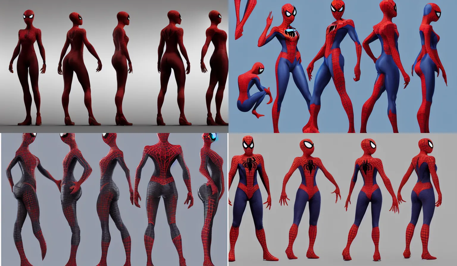 Prompt: full body character turnaround of a woman in an orb weaver outfit, character sheet, matte painting, spiderman!!, spiderwoman!!, john singer sargent, good value control, highly detailed portrait, character turnaround, digital painting, concept art, sharp focus, smooth, 3 d model, illustration, realistally proportioned body