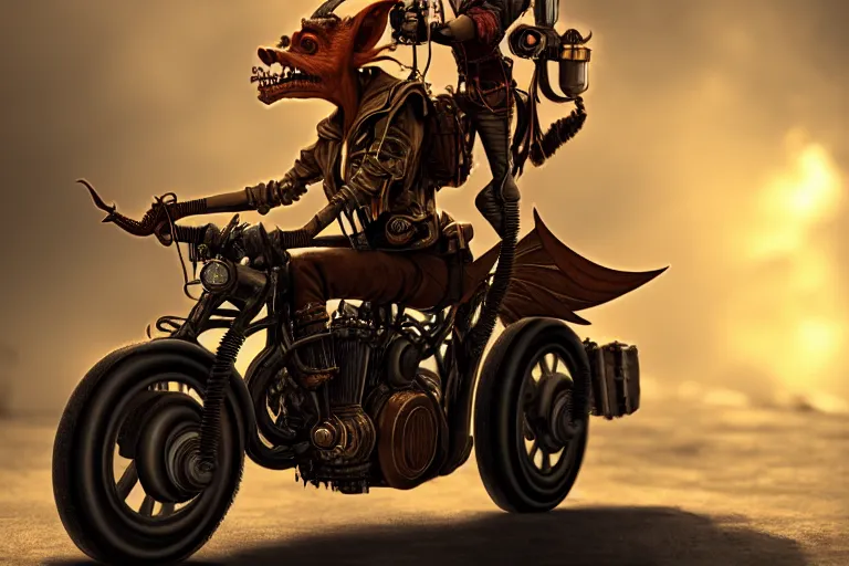Image similar to a goblin riding a steampunk motorcycle, sunlight, in daytime, hyperdetailed, artstation, cgsociety, 8k