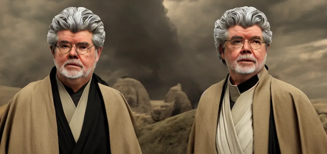 Prompt: george lucas as anakin skywalker, hyper realistic photo imax movie promo, 8 k, high quality