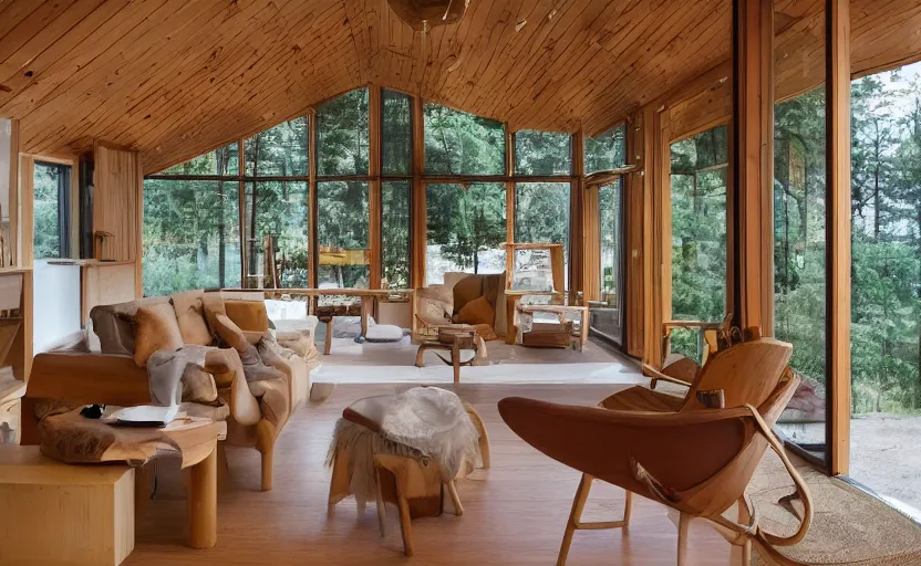 Image similar to luxurious wooden cottage by alvar aalto, modern Japanese living room, Japanese flower arrangements, coherent composition, architecturally accurate, architecture photography