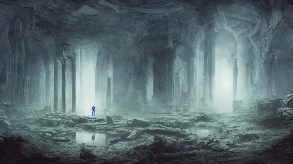 Prompt: a surreal dreamlike scene of a lone ghostly spirit wisp floating through the ruins of an ancient impossibly advanced race, somber melancholic matte painting, highly detailed oil painting, liminal space, 8k, stillness, solitude, sorrowful nostalgic awe-inspiring atmosphere, masterpiece