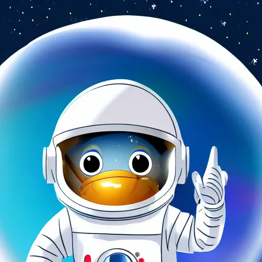 Image similar to cute astronaut penguin, helmet on, floating on space, disney style, 8 k