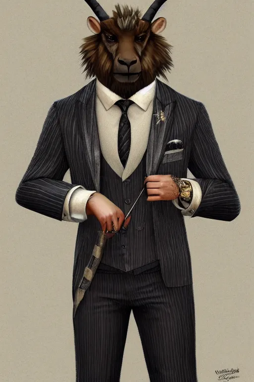 Image similar to beautiful portrait commission of a male furry anthro mountain goat wearing a pinstripe suit and waistcoat, award-winning, detailed, trending on artstation