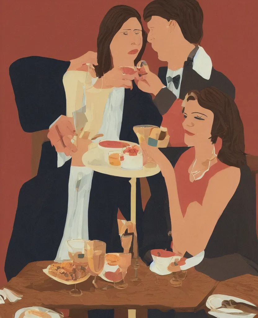 Image similar to creamy, delicious portrait of a couple on a date, by wes anderson