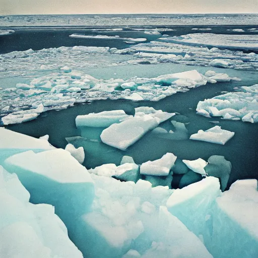 Prompt: colored vintage horrific photo of an ice floe meeting magma in the middle, textured, skewed perspective, last photo ever taken, apocalyptic event