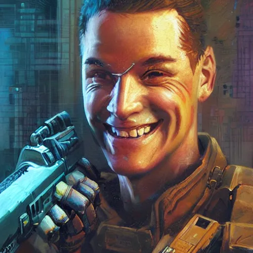 Prompt: portrait of soldier armed with a bubble gun. shadowrun cyberpunk fantasy detailed painting by craig mullins. cute bubbles and big smile