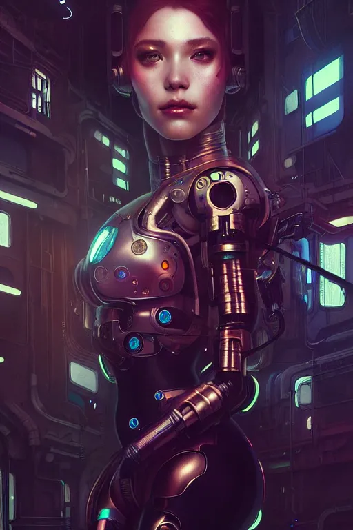 Image similar to ultra realistic, beautiful female cyborg in a crowded smoky cyberpunk club in space megalopolis, sci - fi, intricate details, eerie, highly detailed, octane render, 8 k, art by artgerm and alphonse mucha and greg rutkowski