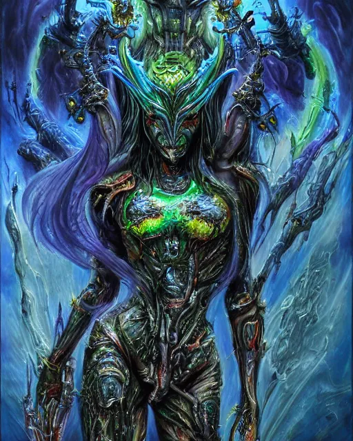 Image similar to silver mechanical charred bloody fleshmetal cyborg daemonhost woman psychedelic flamer of tzeentch with weaponized extra arms, blue and green rainbow fire, by antonio j. manzanedo, alex grey, android jones, wayne barlowe, philippe druillet, josephine wall, harumi hironaka, cronenburg, trending on artstation