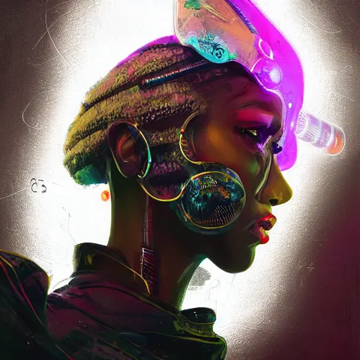 Image similar to detailed side profile portrait african american Neon Operator Girl, cyberpunk futuristic neon, reflective puffy coat, decorated with traditional Japanese ornaments by Ismail inceoglu dragan bibin hans thoma greg rutkowski Alexandros Pyromallis Nekro Rene Maritte Illustrated, Perfect face, fine details, realistic shaded, fine-face, pretty face