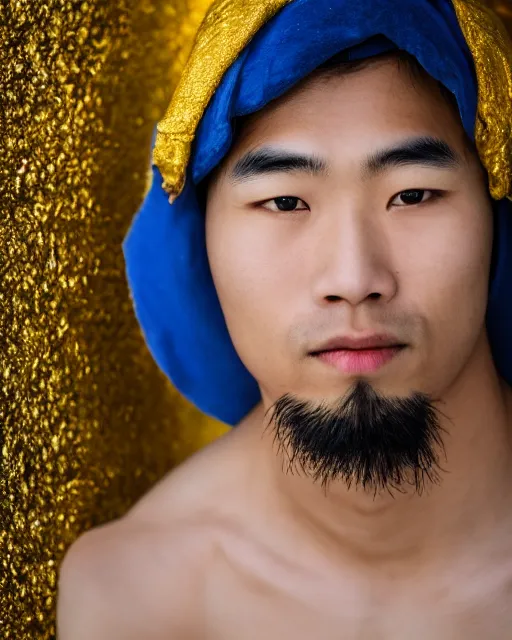 Image similar to gold, blue, photo of an asian male, 8 k, 8 5 mm f 1. 8