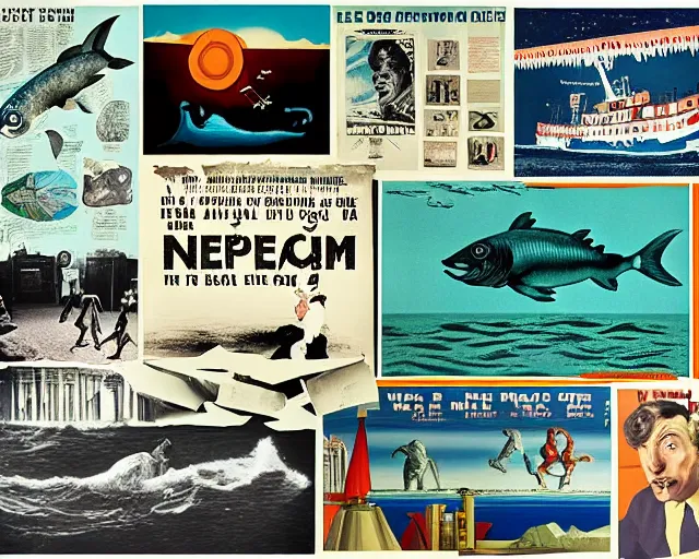 Prompt: footage of a theater stage, 1956 poster, cut out collage, La Nouvelle Vague, break of dawn on Neptun, epic theater, arctic fish, nautical maps, NY style grafitti, in style of Monthy Python, composition by Terry Gilliam, written by H.P. Lovecraft, lens flare