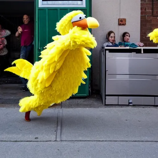 Prompt: big bird sesame street running from the police carrying a fridge