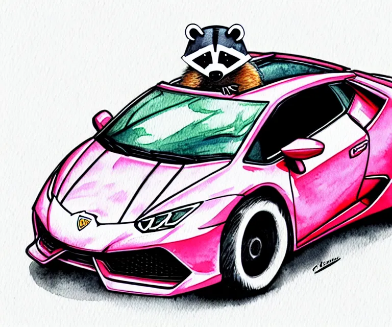 Image similar to cute and funny, racoon wearing a helmet riding in a tiny 2 0 2 0 lamborghini huracan sto, ratfink style by ed roth, centered award winning watercolor pen illustration, isometric illustration by chihiro iwasaki, edited by range murata