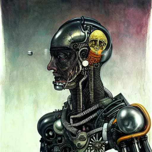 Prompt: futurist cyborg emperor, perfect future, award winning art by santiago caruso, iridescent color palette