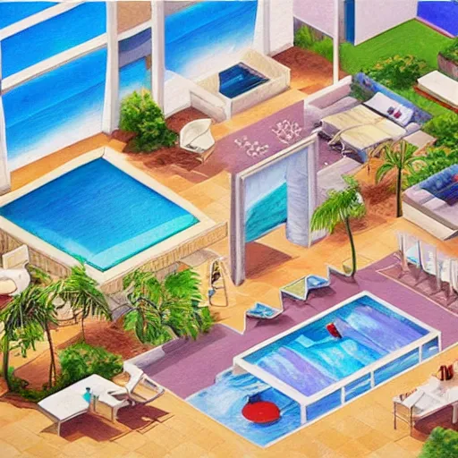 Image similar to an isometric painting of a beautiful interior design, beach, resort,