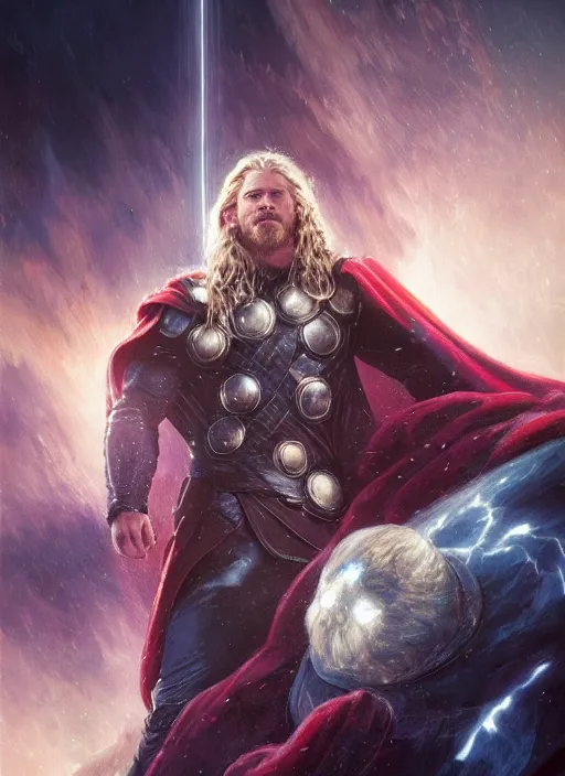 Image similar to detailed portrait of Thor wearing a cloak over his head, eyes on fire with celestial flames, a halo of shimmering color around him, future earth in the background, by Jason Jenicke and Jeremy Mann, intricate, beautiful, stylized, detailed, realistic, loose brush strokes, dramatic, enduring, captivating, Artstation