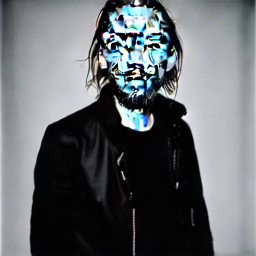 Image similar to Thom Yorke, a man with a beard and a black jacket, a portrait by John E. Berninger, dribble, neo-expressionism, uhd image, studio portrait, 1990s