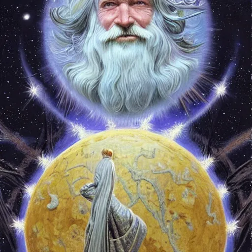 Prompt: majestic wizard with white long beard, blue coat with golden stars ornament, by wayne barlowe