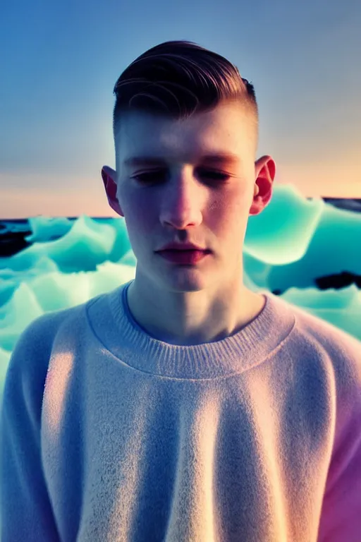 Image similar to high quality pastel coloured film mid angle selfie photograph of a beautiful young man, soft features, standing in an icelandic black rock environment. atmospheric. three point light. photographic. art directed. ( pastel colours ). volumetric light. stark. waves glitch. 8 k. filmic.