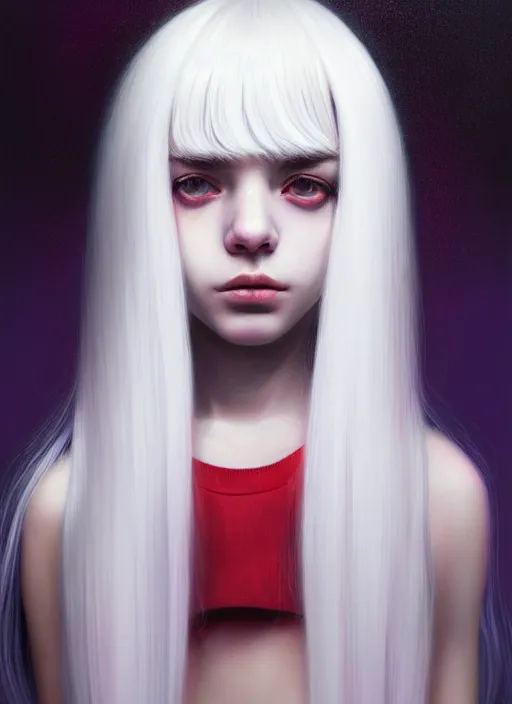 Image similar to hair whitebangs hair, black hair, whitebangs, portrait of teenage girl with white bangs, red irises, purple clothes, white bangs, bangs are different color from hair, intricate, elegant, glowing lights, highly detailed, digital painting, artstation, concept art, smooth, sharp focus, illustration, art by wlop, mars ravelo and greg rutkowski