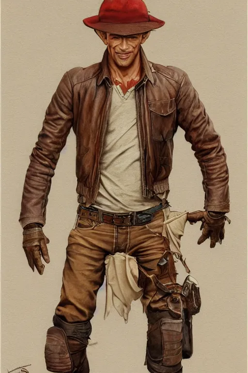 Image similar to character design, reference sheet, uncropped, 40's adventurer, unshaven, optimistic, stained dirty clothing, straw hat, riding boots, red t-shirt, dusty brown bomber leather jacket, detailed, concept art, photorealistic, hyperdetailed, , art by Leyendecker and frazetta,