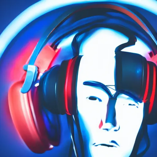 Image similar to a man, in red and blue spotlights, holds on to the headphones on his head, he wears dark visors, cyber songman, cyberpunk style portrait