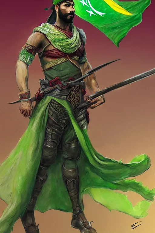 Image similar to arabian warrior, with green turf and flag, realistic, sketch and art by jacqueline e, color by bo feng lin