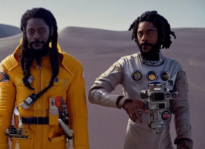 Image similar to first official image from wes anderson's new space opera film starring lakeith stanfield and grimes. shot on alexa mini, stunning cinematography, filmgrain, kodak vision 2 0 0 t, shot composition