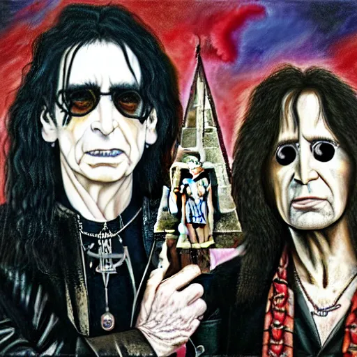 Image similar to alice cooper and ozzy osbourne in the style of american gothic