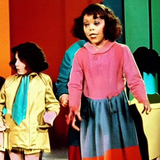 Image similar to still from 1978 live-action children's tv show about a woman who enters an eyeball cult color