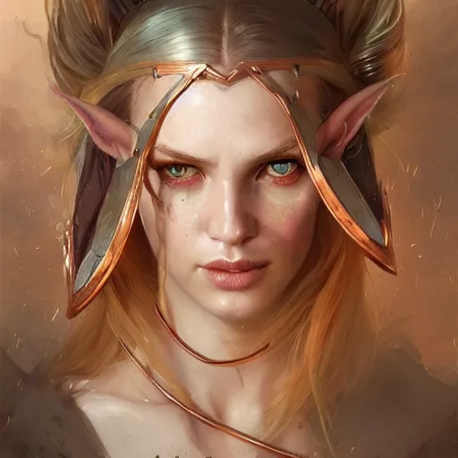 Prompt: A head-on detailed oil fantasy portrait of a pretty elf woman with subtle copper horns on her forehead, long blonde hair and bright copper irises, by greg rutkowski, trending on artstation, dungeon and dragons art
