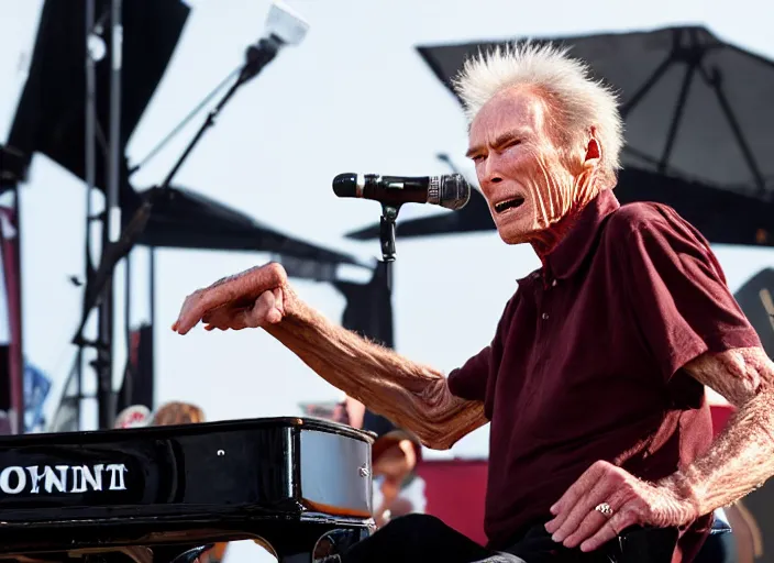 Image similar to photo still of clint eastwood on stage at vans warped tour!!!!!!!! at age 6 8 years old 6 8 years of age!!!!!!!! playing a piano on fire, 8 k, 8 5 mm f 1. 8, studio lighting, rim light, right side key light