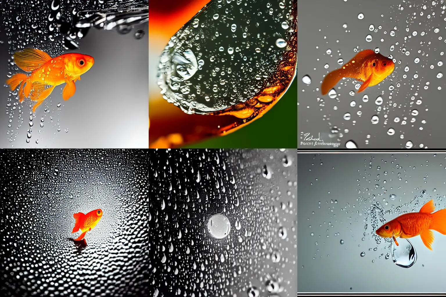 Prompt: extreme macro photography : ( subject = a falling rain drop + subject detail = goldfish swimming inside of rain drop ) zeiss macro lens f / 1 1 aperture, 1 / 5 0 0 shutter speed, off camera flash