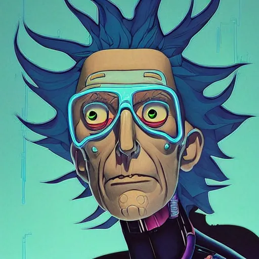 Prompt: 1 0 7 7 bender futuristic rick sanchez futurama portrait by charles vess and james jean and erik jones and rhads, inspired by ghost in the shell, beautiful fine face features, intricate high details, sharp, ultradetailed