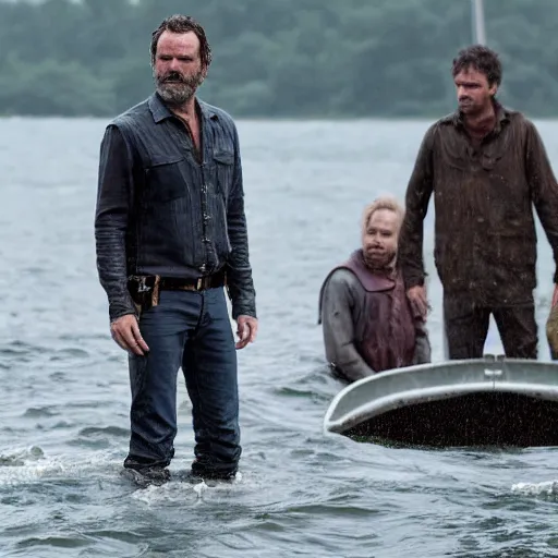 Prompt: rick grimes standing on a boat with walkers in the water