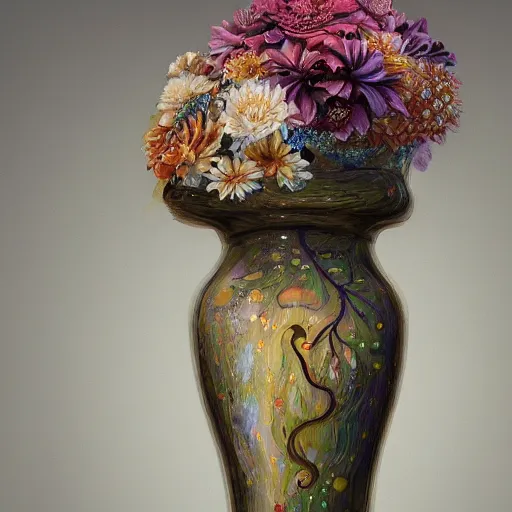 Image similar to biomorphic painting of a vase with flowers, au naturel, hyper detailed, digital art, trending in artstation, cinematic lighting, studio quality, smooth render, unreal engine 5 rendered, octane rendered, art style by klimt and nixeu and ian sprigger and wlop and krenz cushart