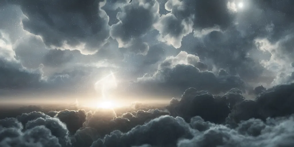 Prompt: glowing atom amongst clouds, volumetric, digital art, art station, extremely detailed