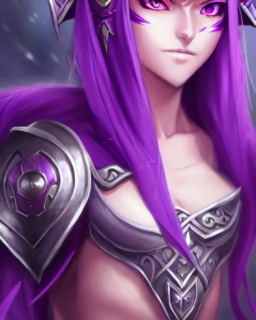 Image similar to character concept of a beautiful and strong purple female anime warrior night elf | | cute - fine - face, pretty face, realistic shaded perfect face, fine details by stanley artgerm lau, wlop, rossdraws, james jean, andrei riabovitchev, marc simonetti, and sakimichan, trending on artstation