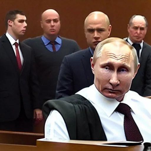 Image similar to Putin arrested in courtroom, 4k ultra realistic, hyper realistic, ultra detailed, real photo,