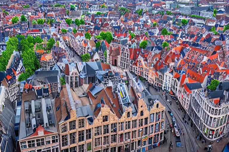 Image similar to drone view of gent belgium, hyperrealism painting, wide angle, very detailed, high resolution