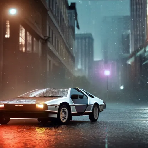 Image similar to hyperdetailed, photorealistic photograph of a dmc 1 2 delorean driving in the streets, rain, night, dense fog, hd, unreal engine 5