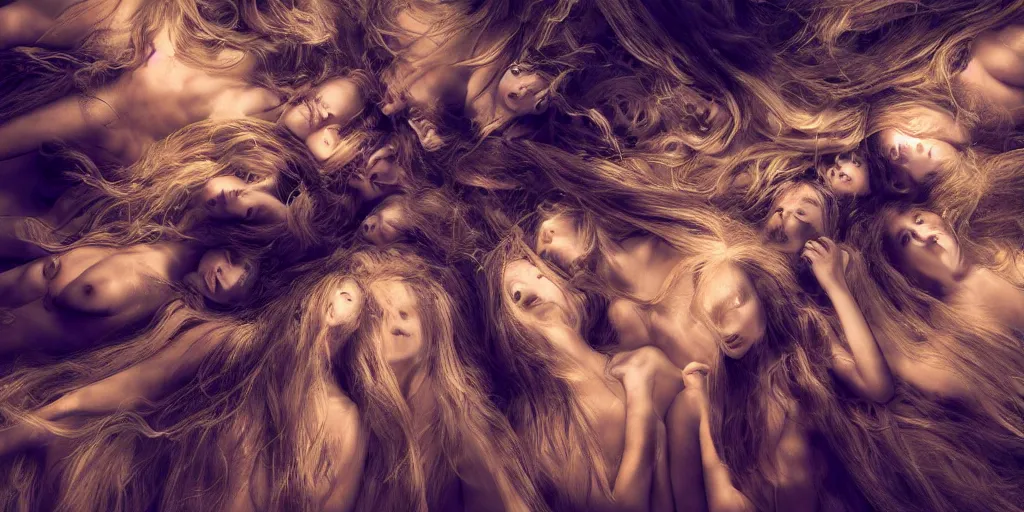 Image similar to love, groups of translucent people with long glowing hair, from below, rebirth, wide angle, cinematic atmosphere, elaborate, highly detailed, dramatic lighting