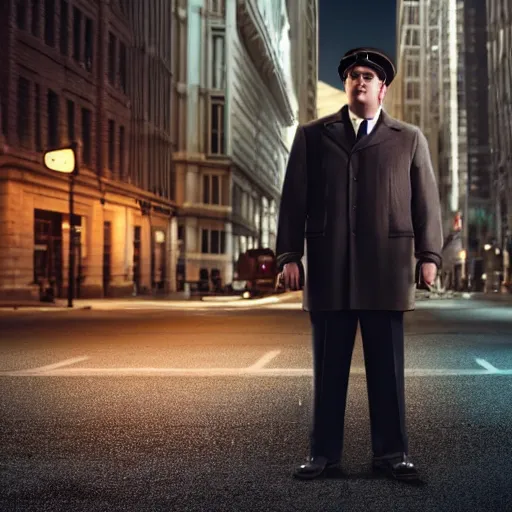 Image similar to an brown haired man with a squarish chin wearing a 1 9 4 0's noire detective outfit, standing in the streets of chicago at night, photography 4 k, octane render, highly realistic photograph