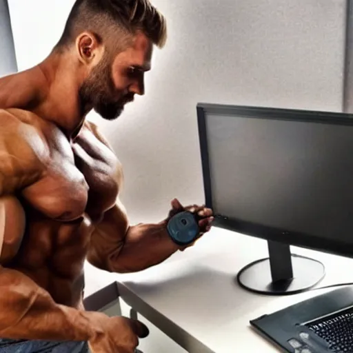 Image similar to a chad. muscular. godlike. using a computer.