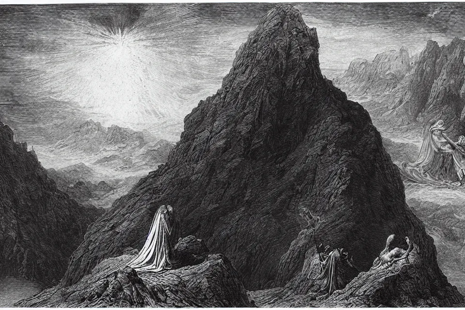 Prompt: “ an engraving of dante and virgil standing on a cliff watching the tempest of hell by gustave dore ”