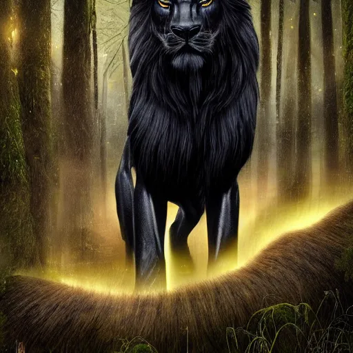 Image similar to epic pose of black lion with gold lightnings in the fur in the middle of the ancient forest , colossal scale, photorealistic, high details, intricate by Nick Nichols and Evgeniy Antonenkov