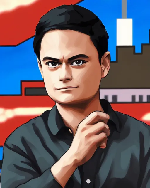 Image similar to Digital state-sponsored anime art of Ben Shapiro by A-1 studios, serious expression, empty warehouse background, highly detailed, spotlight