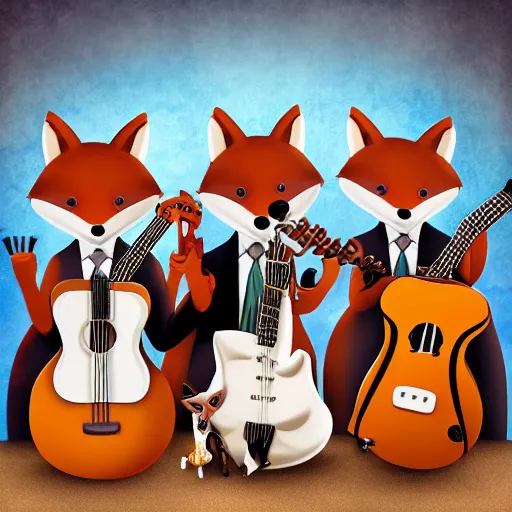 Image similar to photorealistic music album cover, with anthropomorphic foxes animals dressed in suits, holding guitars, on a beach, all looking at camera, studio lighting, award winning photograph, 8 5 mm f / 1. 4