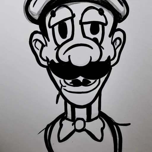 Image similar to continuous single line contour - drawing of waluigi, pen on white paper