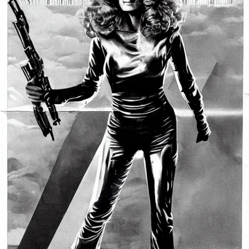 Image similar to movie still, 1 9 7 0 s, sci - fi farrah fawcett in combat suit, hyperdetailed, by tarkovskij, blue lights